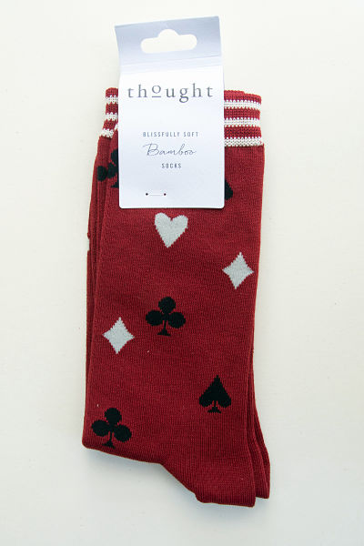 Playing card symbols in cream and black on pillarbox red socks. Self coloured toes and heels. The cuff is striped in cream.